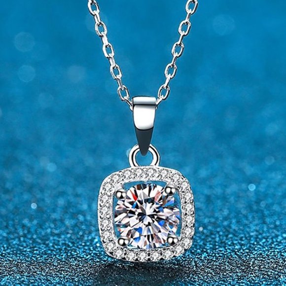 Certified 5ct. t.w. Moissanite Diamond Square Halo Necklace NEW - Picture 1 of 12